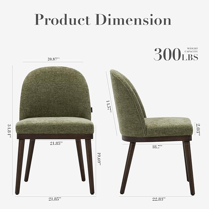 Upholstered Dining Chairs Set of 2, Large Dining Room Kitchen Chairs with High Back and Deep Seat, Modern Fabric Dinner Chairs with Wood Legs, Green