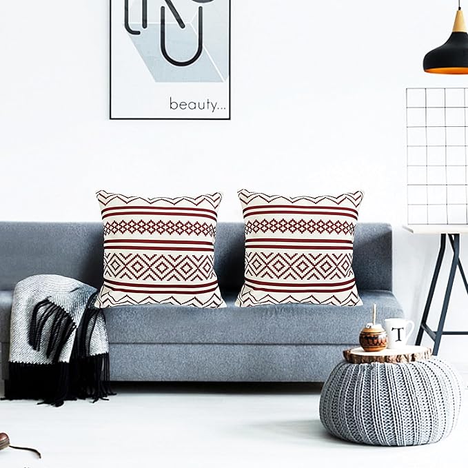 Decorative Throw Pillow Covers Set of 2 Wine Red Boho Pillow Covers 18x18 Inch Throw Pillow Cover Linen Pillowcase Modern Farmhouse Outdoor Pillow Covers for Couch Sofa Bed Living Room