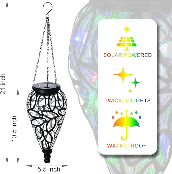 Solar Hanging Lantern Outdoor Lights, Tear-Shaped 15 LEDs Multi-Color Hanging Lights with S Hooks Decor in Garden, Yard, Pathway, Front Door and Landscape