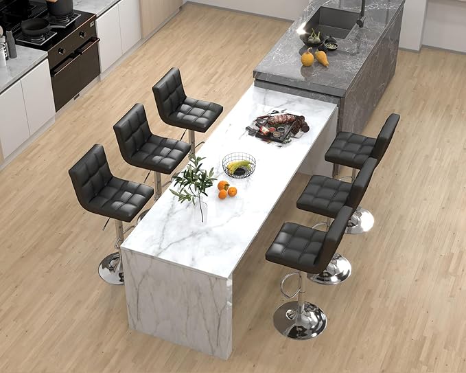 Modern PU Leather Bar Stools Set of 6, Adjustable Swivel Square Bar Chairs, Armless Counter Height Barstools with Back and Large Base for Island/Kitchen(Black)