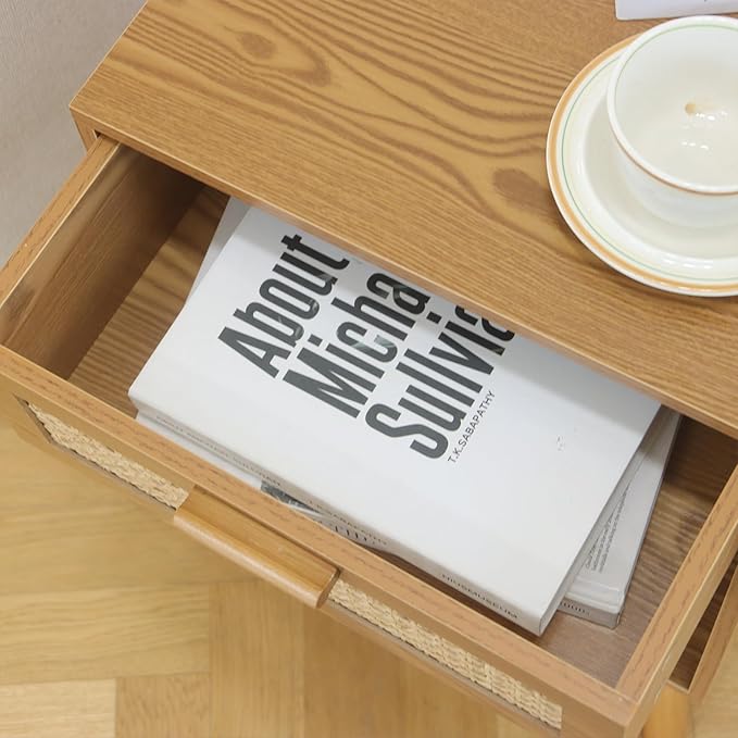 Mid Century Modern Nightstand, Rattan Bedside Table with Drawer and Open Shelf, Wood Nightstand Modern Side Table for Living Room, Bedroom and Small Space, Brown