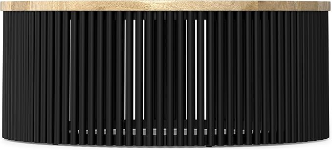 SIMPLIHOME Demy Coffee Table - 35 inch Wide Industrial Contemporary Round Cocktail Table in Natural and Black, Sculptural Living Room Table with Wood Veneer Top and Powder Coated Metal Base, Assembled