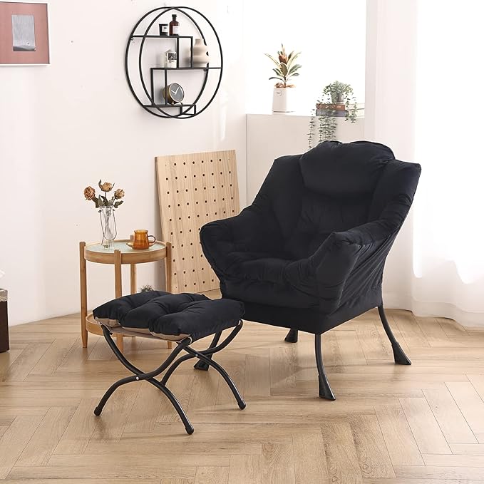 Welnow Lazy Chair with Ottoman, Modern Lounge Accent Chair with Armrests and a Side Pocket, Leisure Sofa Armchair, Reading Armchair with Footrest for Small Space, Black