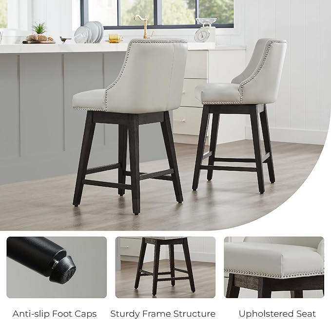 CHITA Counter Height Swivel Bar Stools Set of 3, FSC Certified Upholstered Counter Stools, Modern Swivel Barstools with Wood Legs for Kitchen Island, 26" Seat Height, Faux Leather in Creamy Grey