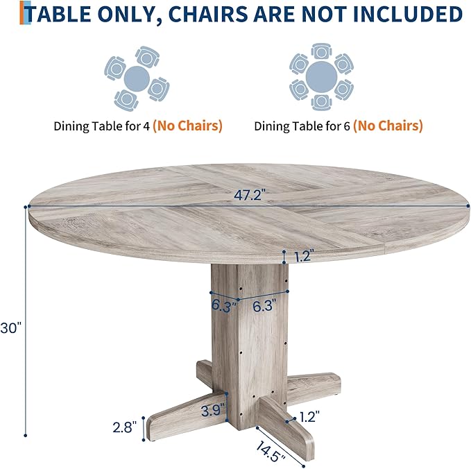 Garvee Round Dining Room Table for 4-6, 47" Wood Kitchen Table with Sturdy Pedestal Base, Farmhouse Circle Dinner Tables for Living Room, Apartment, Grey