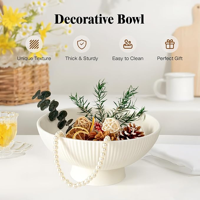 Decorative Bowl Modern Ceramic White Decor Bowls for Home Decor, Fruit Bowl for Kitchen Counter Key Bowl for Entryway Table, 8" Pedestal Footed Bowls Decorative Trays for Coffee Table