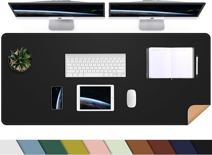 Large Desk Mat 47.2" x 17" Leather Desk Pad Protector with Natural Cork & PU Leather, Non-Slip Office Desk Mat, Large Mouse Pad, Waterproof Desk Blotter pad for Office&Home(Black)