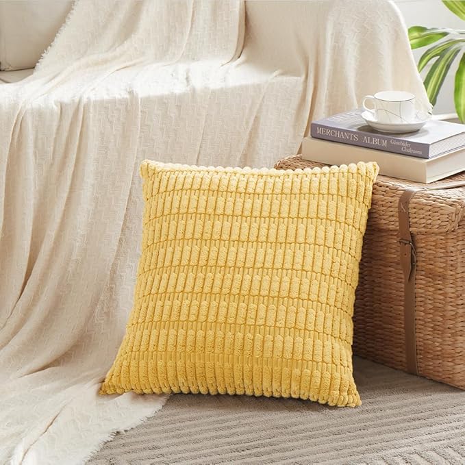 Fancy Homi 2 Packs Yellow Decorative Throw Pillow Covers 20x20 Inch for Living Room Couch Bed Sofa, Rustic Farmhouse Boho Home Decor, Soft Striped Corduroy Square Cushion Case 50x50 cm