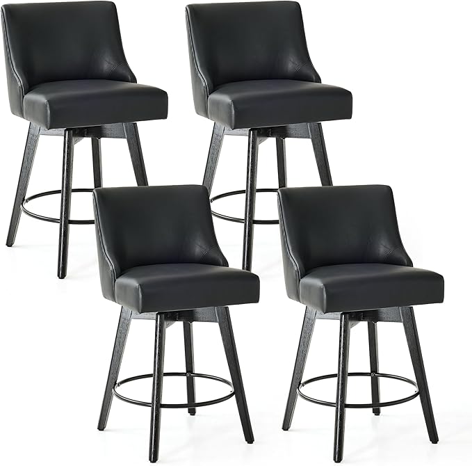 Vipbear Counter Height Bar Stools Set of 4, 26" H Swivel Bar Stools with Backs, PU Leather Upholstered Bar Chairs with Solid Wood Legs for Kitchen Island, Dining Room, Home Bar, Black