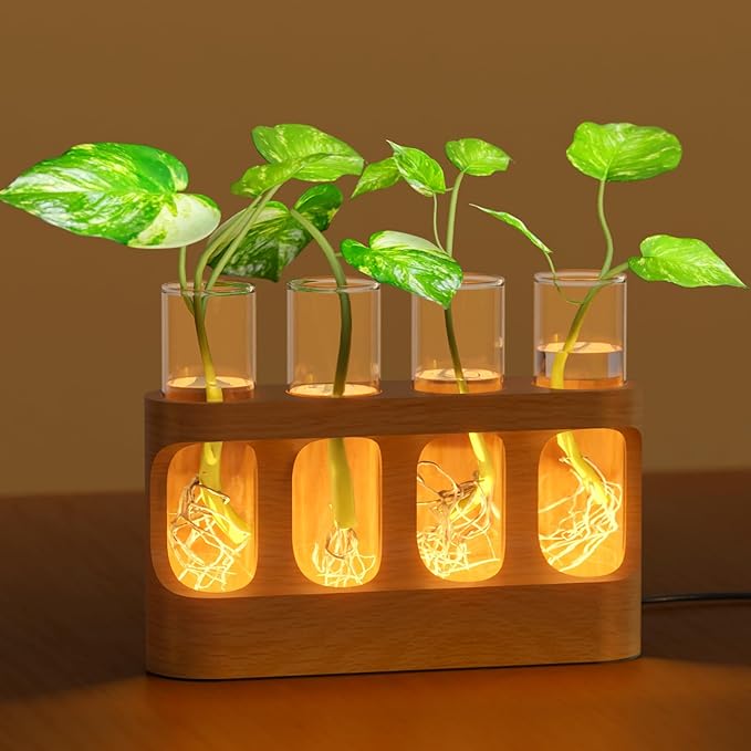 Plant Propagation Station with Wooden Stand, Gardening Gifts for Mom Women Plant Lovers, 9-Level Dimmable LED Light 4 Glass Test Tubes Vases for Hydroponic Plants - Desktop Terrarium for Home Decor