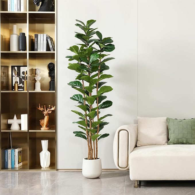 Artificial Fiddle Leaf Fig Tree with White Planter, 7ft Tall Fake Tree with Natural Wood Trunk for Home Decor, Faux Ficus Tree Fake Moss for Indoor Office Living Room