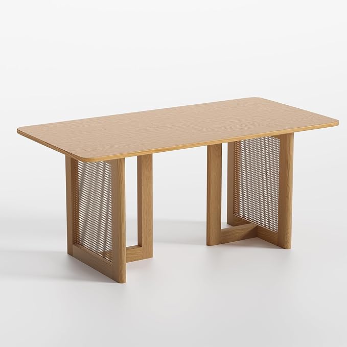 Casaphoria 67" Dining Table, Wicker Base Modern Kitchen Table for 4-6, Farmhouse Style with Rectangular Top & Wicker Base, Easy Assembly for Living Room, Kitchen, Natural Wood