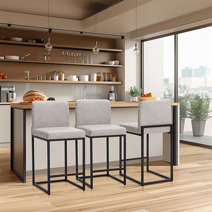Sophia & William Light Grey Bar Stool, Counter Height 24" Bar Stools with Backs, Modern PU Leather Kitchen Island Bar Chairs,1 Pack
