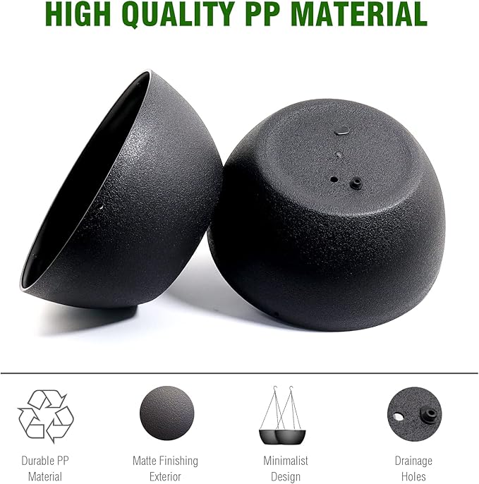 10 inch Hanging Planters for Outdoor Indoor Plants with Drainage Holes and Chain, 2 Pack Round Hanging Flower Pots for Garden Home Porch Decor, Black
