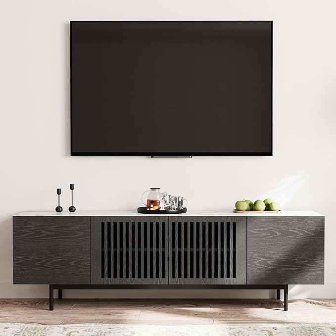 POVISON Mid Century Modern Sintered Stone TV Stand, Slatted Media Console TV Cabinet with Tall-cast Metal Legs, Fluted Entertainment Center with Storage, Fully-Assembled (Black, 70.87")