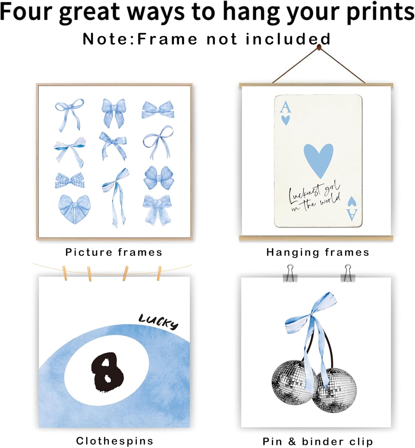 okaxscm Light Blue Coquette Trendy Preppy Wall Art Prints Set of 4, Coquette Preppy Room Decor, Blue Bow Disco 8 Ball Cherry Wall Decor Posters for Girls Bedroom Dorm, 10x10 Unframed