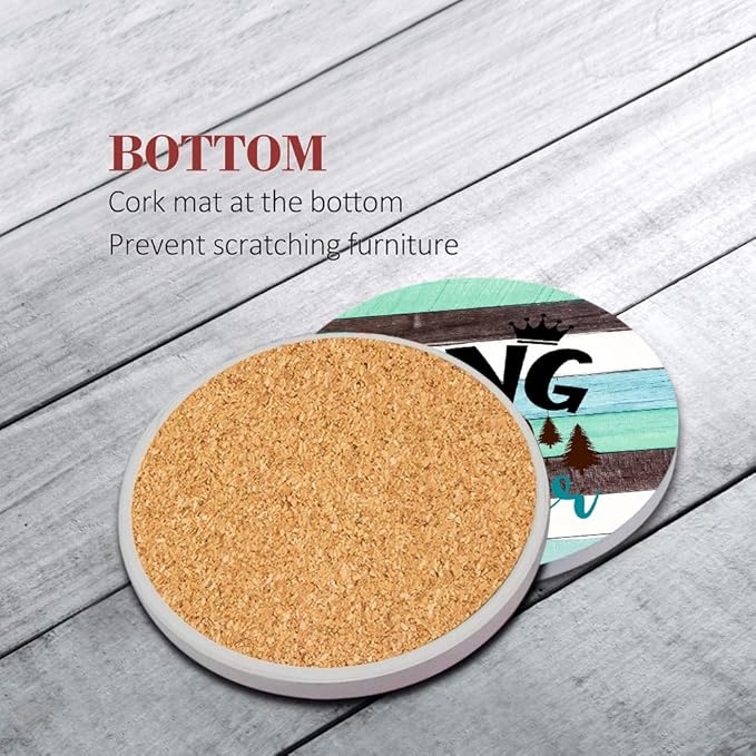 Britimes Coaster for Drinks Set of 6, Wooden Summer Camping Forest Absorbent Round Ceramic Stone Mat, with Cork Base and Metal Holder, Gift for Housewarming Room Bar Decor