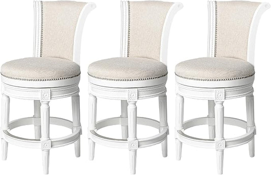 Maven Lane Pullman Counter Stool 26 Inches – Set of 3 – Swivel Stools with Footrest – White Solid Wood Frame & Natural Fabric Upholstery – Perfect for Kitchen Islands & Counters