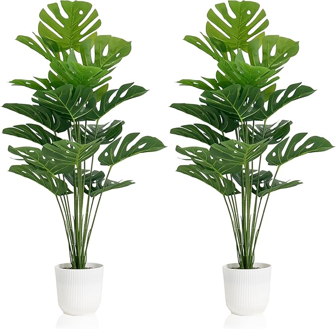 SAJANDAS Set of 2 Artificial Monstera Deliciosa Plants in Pots, Fake Tropical Trees with Greenery Leaves Stems, 32 Inch Faux Swiss Cheese Floor Plants for Home Porch, Garden, Office, Store Decor