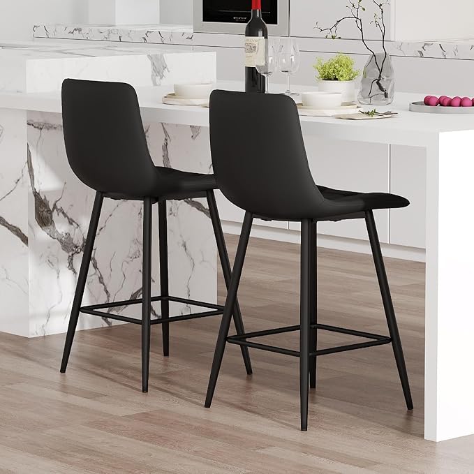 Black Barstools Set of 2, 24.4" Counter Height Bar Stools with Back & Metal Footrest, Modern Island Chairs Set of 2 for Kitchens Island Home Bar