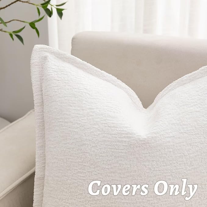 Cream White Decorative Throw Pillow Covers 20x20 Inch Set of 2 Cozy Soild Chenille Cushion Cases Soft Textured Square Couch Pillows Cover Boho Accent Farmhouse Pillowcases for Sofa Bed