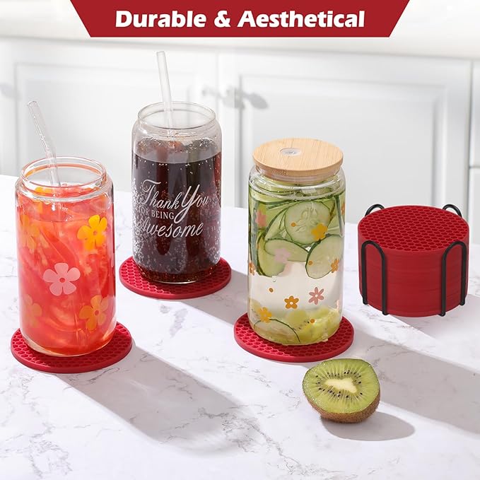 Silicone Coaster Set of 16 with Holder, Drinks Coasters, Suitable for Hot or Cold Cups, Anti-Slip, Non-Stick, Anti-Overflow Tabletop Protection and Decor (Wine Red, 16 Pcs)