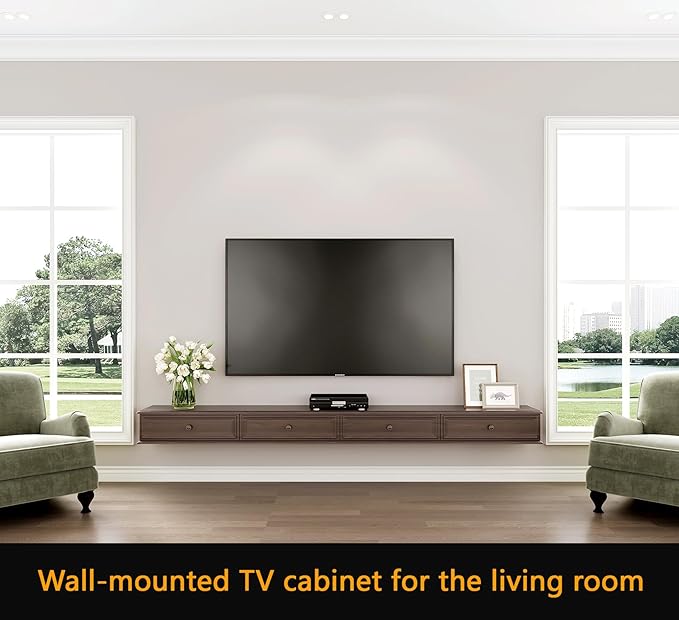 86-inch Wall-Mounted TV Stand, Accommodates 50- to 75-inch TVs, Features Hidden Cable Management, high Weight Capacity, and Space-Saving Walnut Floating TV Stand