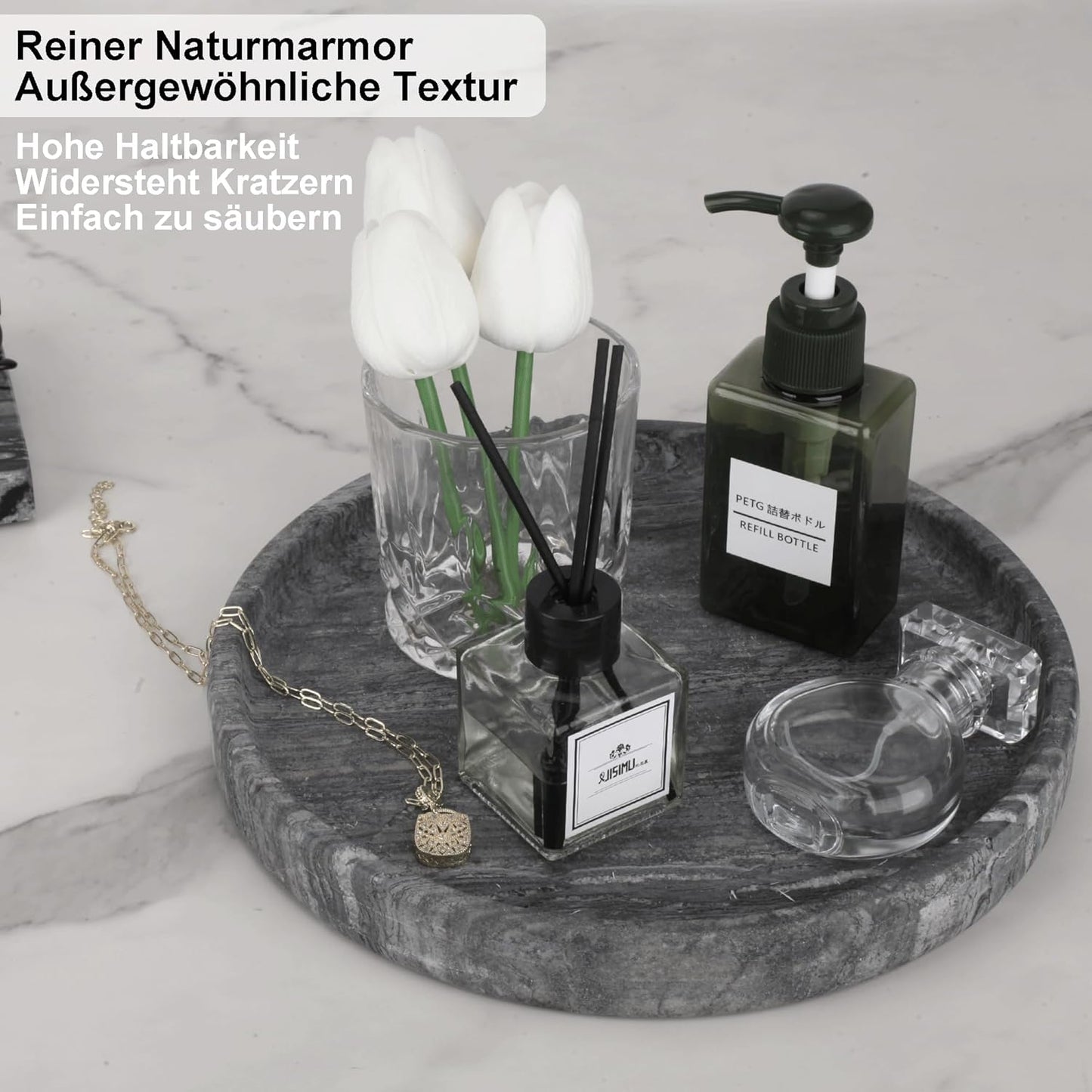 WORHE Natural Marble Vanity Tray for Bathroom Bedroom Kitchen Dresser, Round Decorative Trays for Jewelry, Perfume, Cosmetic, Candle, Countertop Storage Organizer for Home Decor Gray Black (WH017)