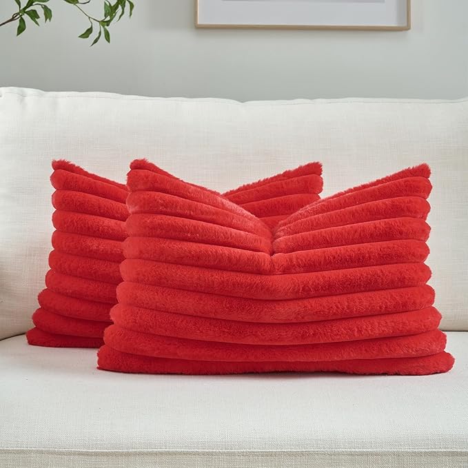 FUTEI Red Striped Decorative Throw Pillow Covers 12x20 Inch Set of 2,Rectangle Fall Decorations Couch Lumbar Pillowcase,Soft Cozy Faux Rabbit Fur & Velvet Back,Modern Home Decor for Bed