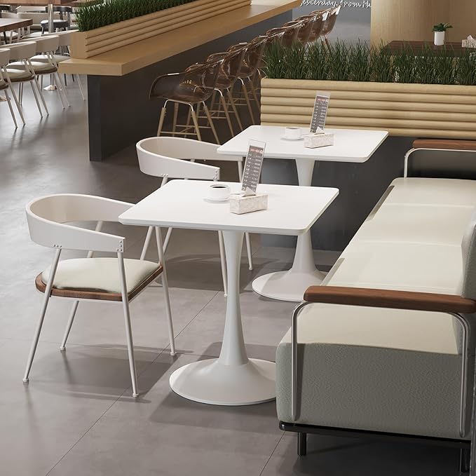 White Square Tulip Table for 2 Person, 24 Inch Small Dining Table with Metal Pedestal Base for Kitchen, Mid Century Modern Table with Round Corners for Living Room, Cafe, Office, Pub, Bar, Bistro