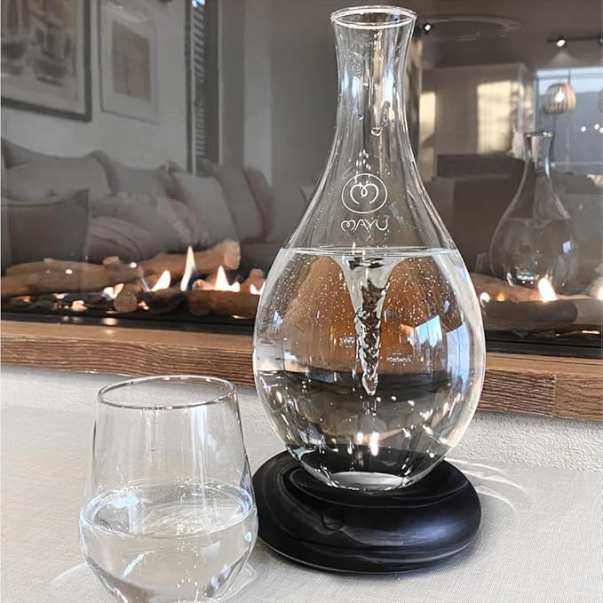 MAYU Swirl Structured Water Pitcher - Handblown Glass Carafe 1.5 Liter Design Jug - Dispenser Stand with Innovative Vortex Technology - Great for Reverse Osmosis Filter Users |51 Oz (Onyx Base)