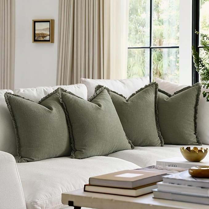 MIULEE Decorative Couch Pillow Covers Neutral Linen Fringe Throw Pillows Set of 4 Boho Farmhouse Cushions Soft Accent Pillowcases for Bed Couch Sofa Living Room Home Decor 18x18 Inch Olive Green