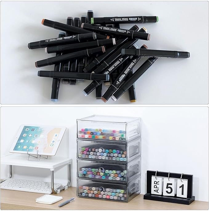 Clear Desk Organizers and Accessories, Plastic Drawer Storage Bins for Home Office Supplies, Marker Pen, Art Crafts, Makeup, Stackable Container for Bathroom, Cabinet, Pantry, 2 Drawers