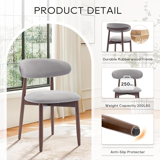 COLAMY Wooden Dining Chairs Set of 2, Modern Fabric Upholstered Dining Room Chair, Farmhouse Kitchen Chairs with Foot Pegs, Light Grey