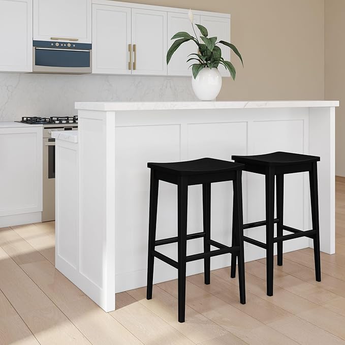 Plank+Beam Smythe Bar Stool, 30", Set of 4, Sturdy Wood Modern Kitchen Bar Height Stool, Saddle Seat Backless Bar Chair, Metal Footrest, Black