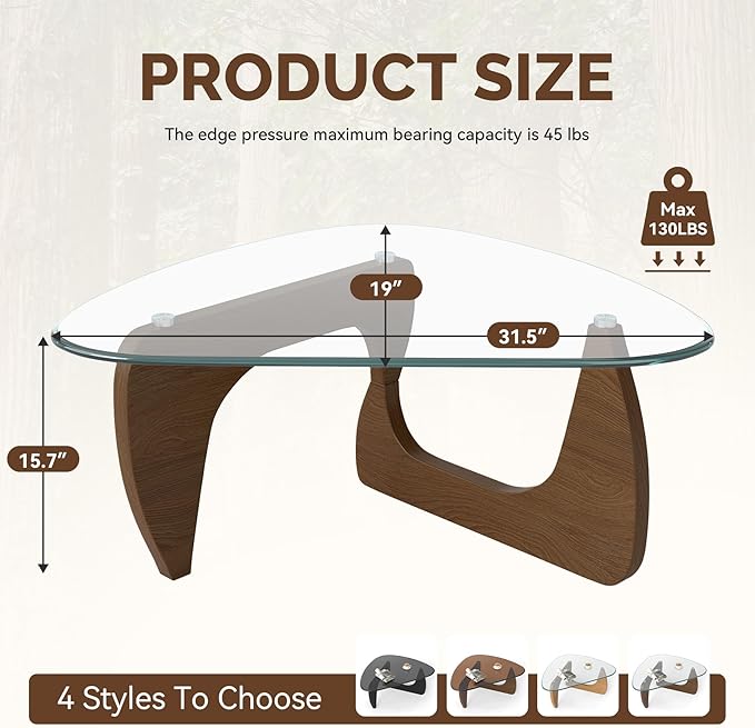 Modern Glass Coffee Table, Triangle Center Table with Tempered Glass Top& Unique Wooden Base, 31.5” Mid Century Tea Tables for Living Room, Apartment, Office,Walnut &Transparen