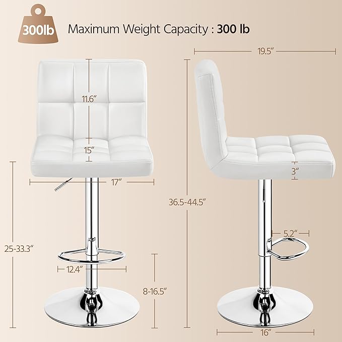 Yaheetech Bar Stools, PU Leather Adjustable Swivel Barstools, Armless Hydraulic Kitchen Counter Bar Stool, Kitchen Island Chairs, White