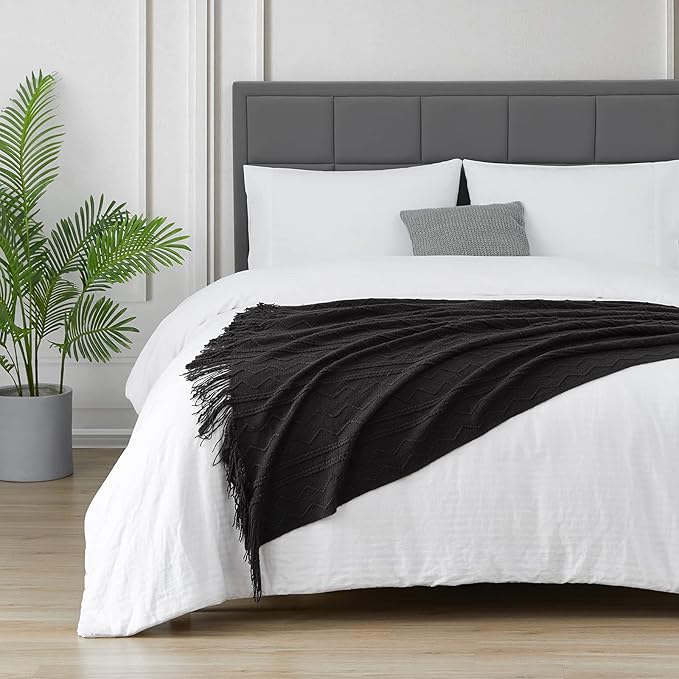 BOURINA Black Throw Blanket 50x60 Inches Throw Textured Solid Soft Sofa Couch Decorative Knit Blanket