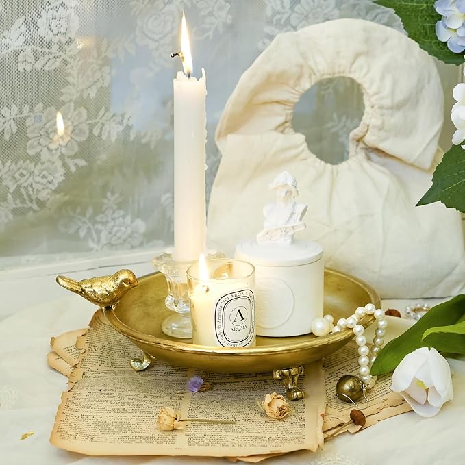 NIKKY HOME Gold Decorative Iron Plate Candle Holders with Bird, Vintage Pillar Candlestick Stand Base Tray for LED & Wax Candles, Incense Cones, Spa, Weddings