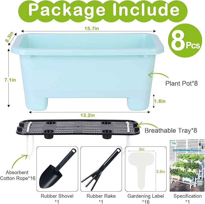 Self-Watering Rectangle Planter Boxes 8-Pack, 15.7-Inch Window Box Planter with Drainage Holes & Trays, Pots for Vegetables, Herbs, Flowers, Garden Windowsill Balcony (Sky Blue, 15.7*8.3*7.1 inch)