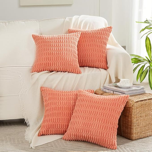 Fancy Homi 4 Packs Boho Coral Decorative Throw Pillow Covers 24x24 Inch for Living Room Couch Bed Sofa, Rustic Modern Farmhouse Home Decor, Soft Plush Corduroy Peach Cute Square Cushion Case 60x60 cm