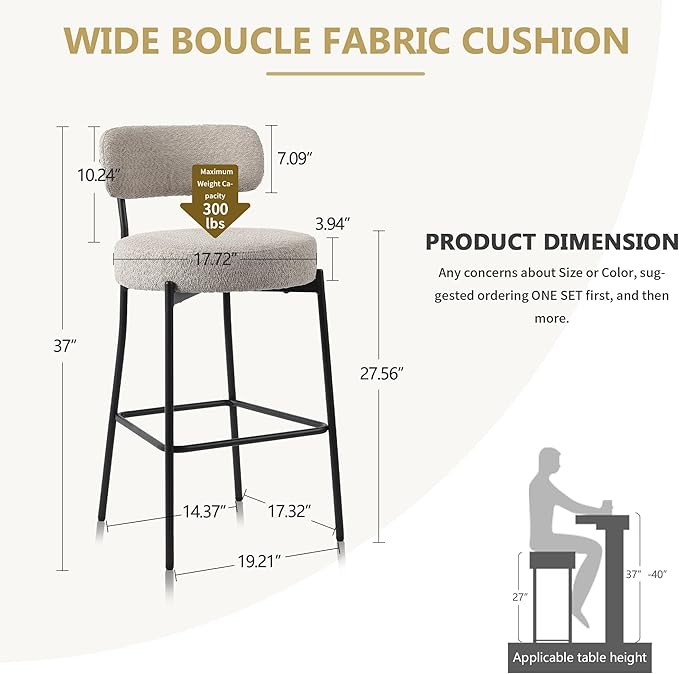 DYHOME Bar Stools Set of 2, Grey 27.56 Inches Counter Height Kitchen Bar Stools with Back, Mid-Century Modern Bar Chairs for Kitchen Island, Dining Room