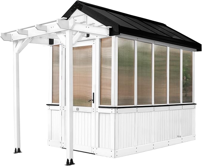 Backyard Discovery Bellerose 9' x 6' White Cedar Wood and Polycarbonate Walk-in Greenhouse Kit with Pergola, Exhaust Fan, Window, Hose Hook-Ups, PowerPort, Staging Shelves for Outdoor Gardening