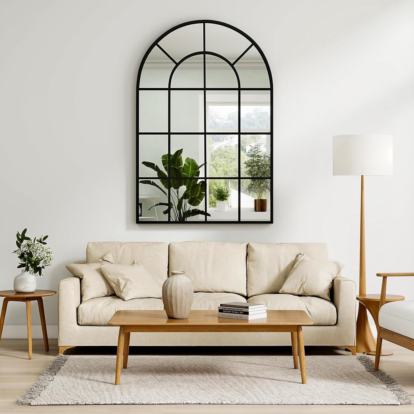 24"×36" Windowpane Arched Wall Mirror, Grid-Designed Decorative Farmehouse Wall Mounted Mirror with Metal Frame Hanging Leaning for Entryway, Living Room, Home Decor, Black