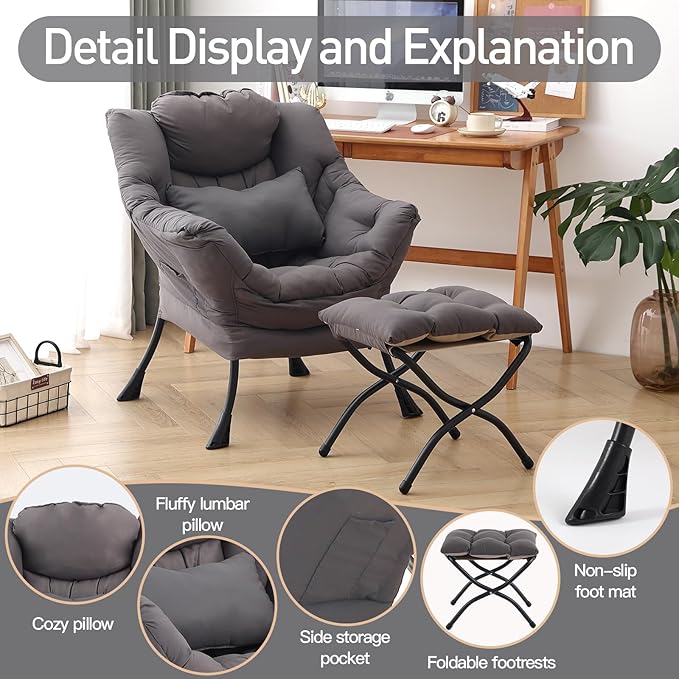 Lazy Chair with Ottoman, Modern Accent Chair with Lumbar Pillow, Comfy Chairs with Folding Footrest for Bedroom, Reading, Oversized Supportive Lounge Chairs(Dark Grey)