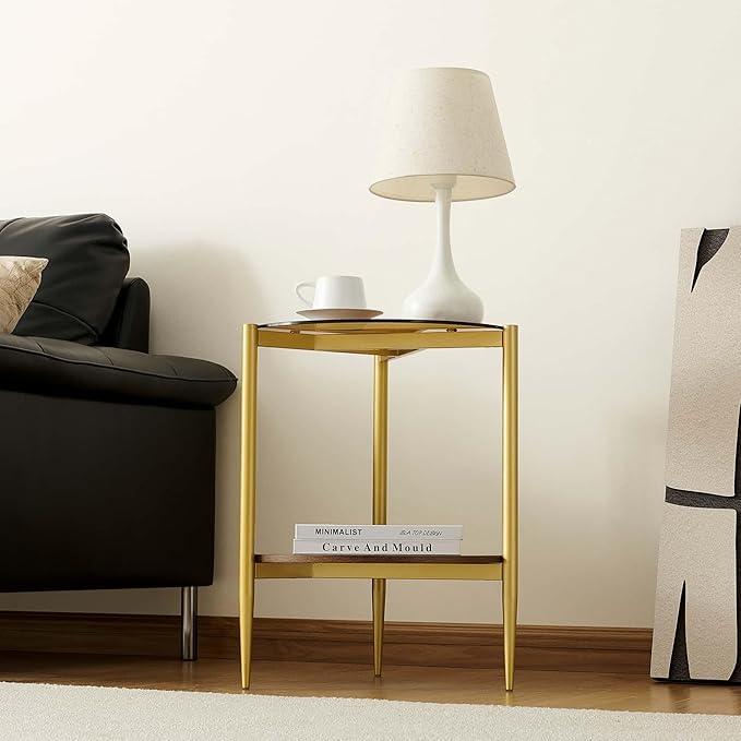 Round End Table, Mid-Century Modern Design, D20*H23 inch, for Living Room, 2-Tier Structure, Amber Glass Top and Walnut MDF Shelf, Sleek Conical Metal Legs with Gold Finish
