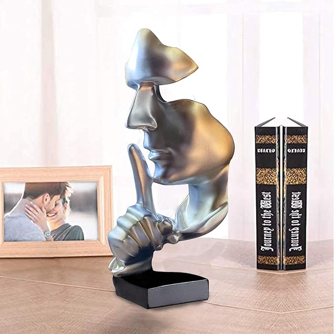 aboxoo Abstract Statues Silence is Gold Decorative Objects,Modern and Simple Resin Figurine,Desk Decoration for Office Home Piano Decor. (Silver)
