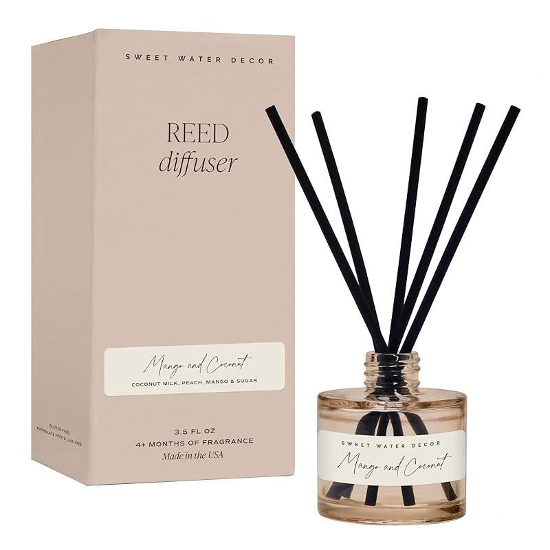 Sweet Water Decor Mango and Coconut Reed Diffuser – Room Decor Aesthetic with Long-Lasting Premium Fragrance of Mango, Pineapple, Orange, Peach, Coconut Milk for 4 Months – Ideal for Home Decor
