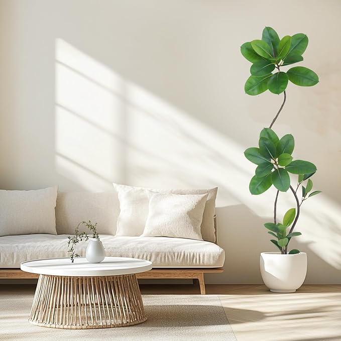 Artificial Rubber Tree Plant, 6ft Tall, Green with Round Planter, All Season Home Decor (Green,6ft)