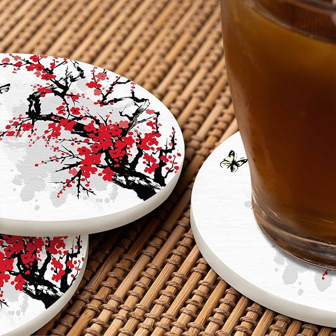Cherry Branch Drink Coasters Modern Foliage Butterfly China Classic Blossoming Oriental Ink Culture Housewarming Presentss for New Home Present for Friends,2 Pcs,4 X 4 X 0.35 Inches